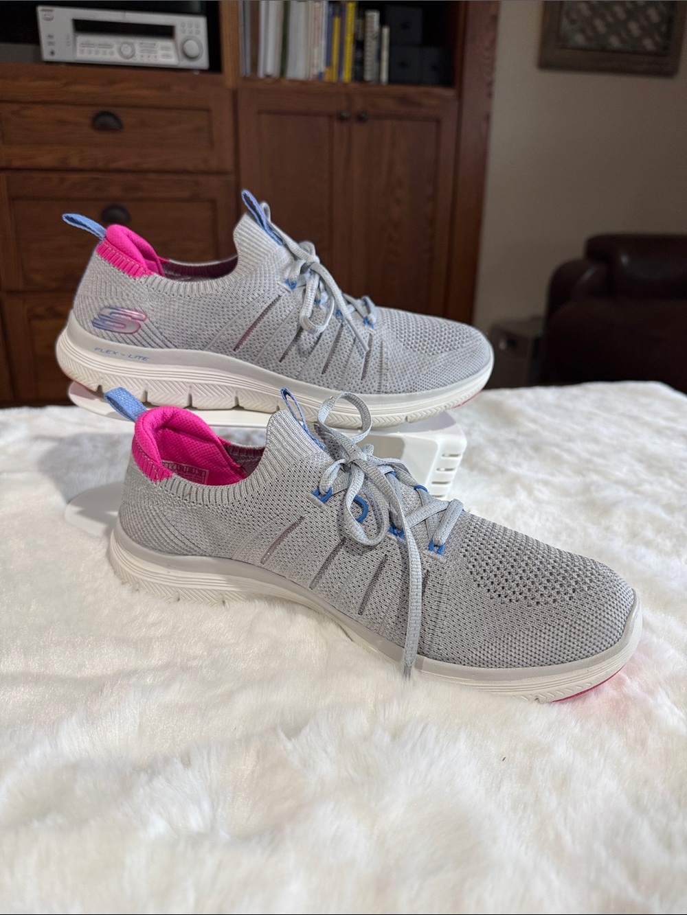 Skechers Gray Knit Slip-On Lace Athletic Sneakers with Pink Trim
